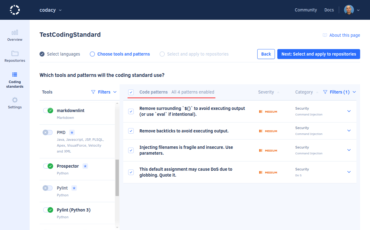 Selecting all code patterns while configuring a coding standard