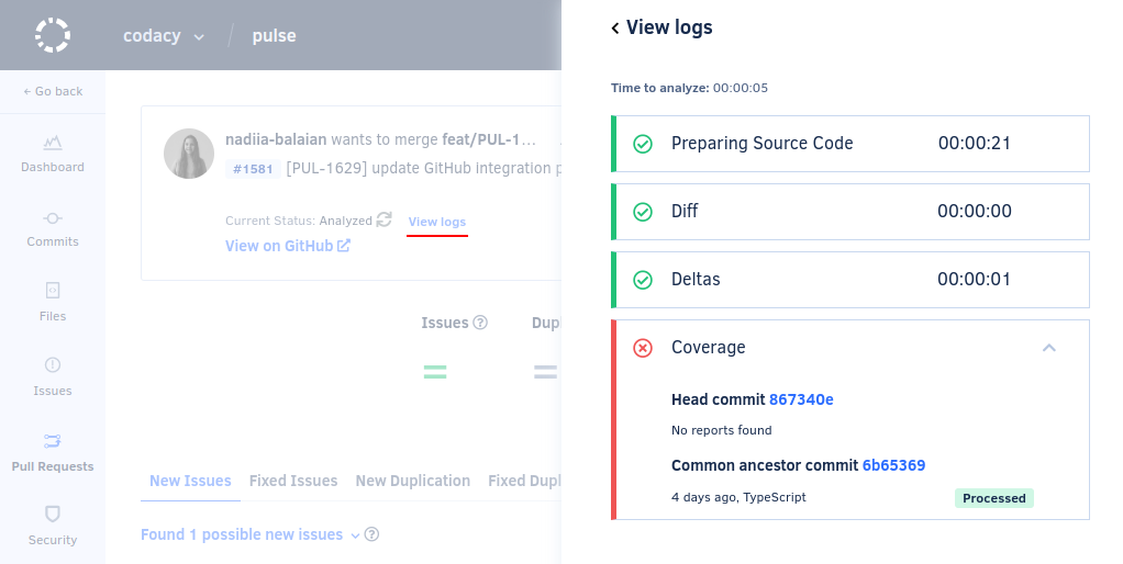 Pull request analysis logs showing the commits that are missing coverage data