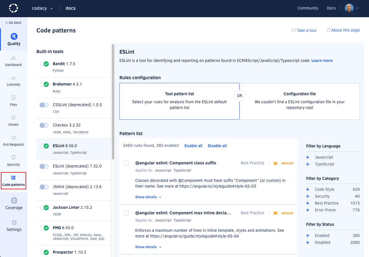 Configuring the tools and code patterns